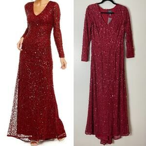 ADRIANNA PAPELL DRESS 6P RED FALL WEDDING GUEST MOB GOWN LONG FORMAL SEQUINS